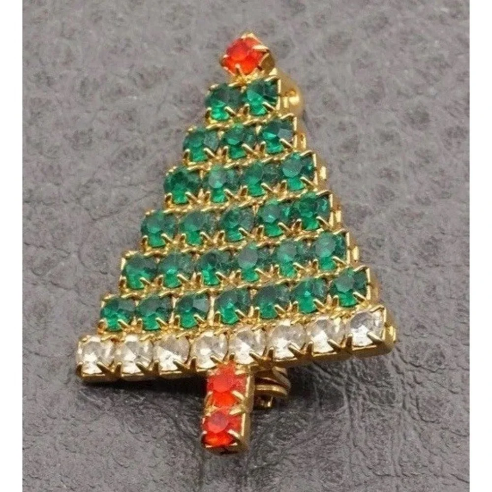 Vintage Christmas Tree Rhinestone Brooch Green Red Crystal Gold Tone